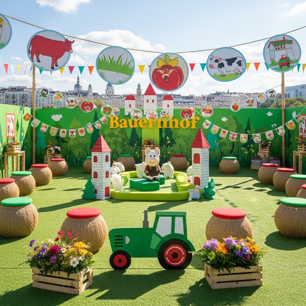 Bauernhof Hüpfburg mieten in Wien – ländlicher Spaß mitten in der Stadt – symbolische Party-Szene in Wien ohne konkrete Hüpfburg