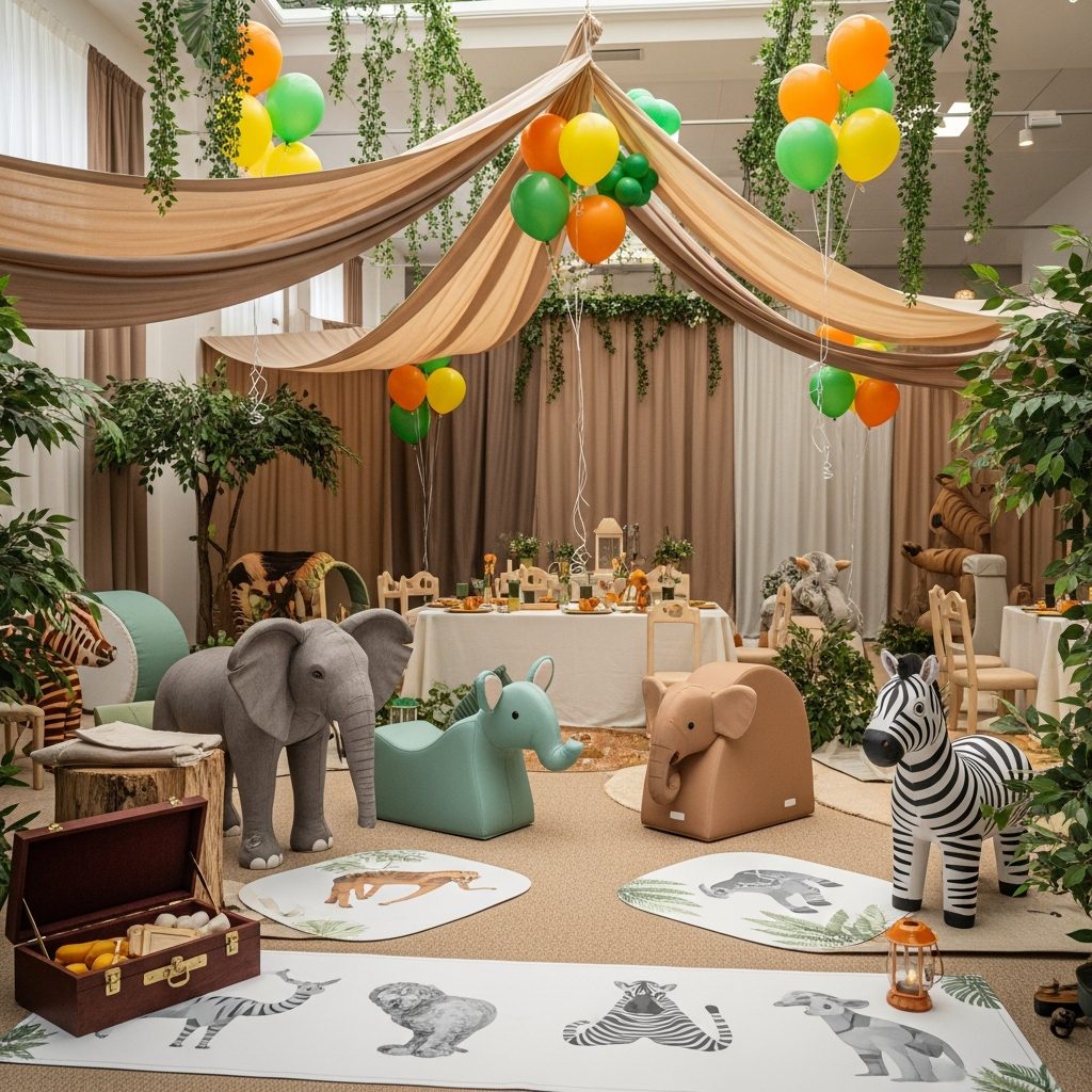 Dschungel Hüpfburg mieten in Wien – Safari-Feeling für kleine Entdecker:innen – Detailaufnahme von Dekoration und Softplay-Elementen in Wien