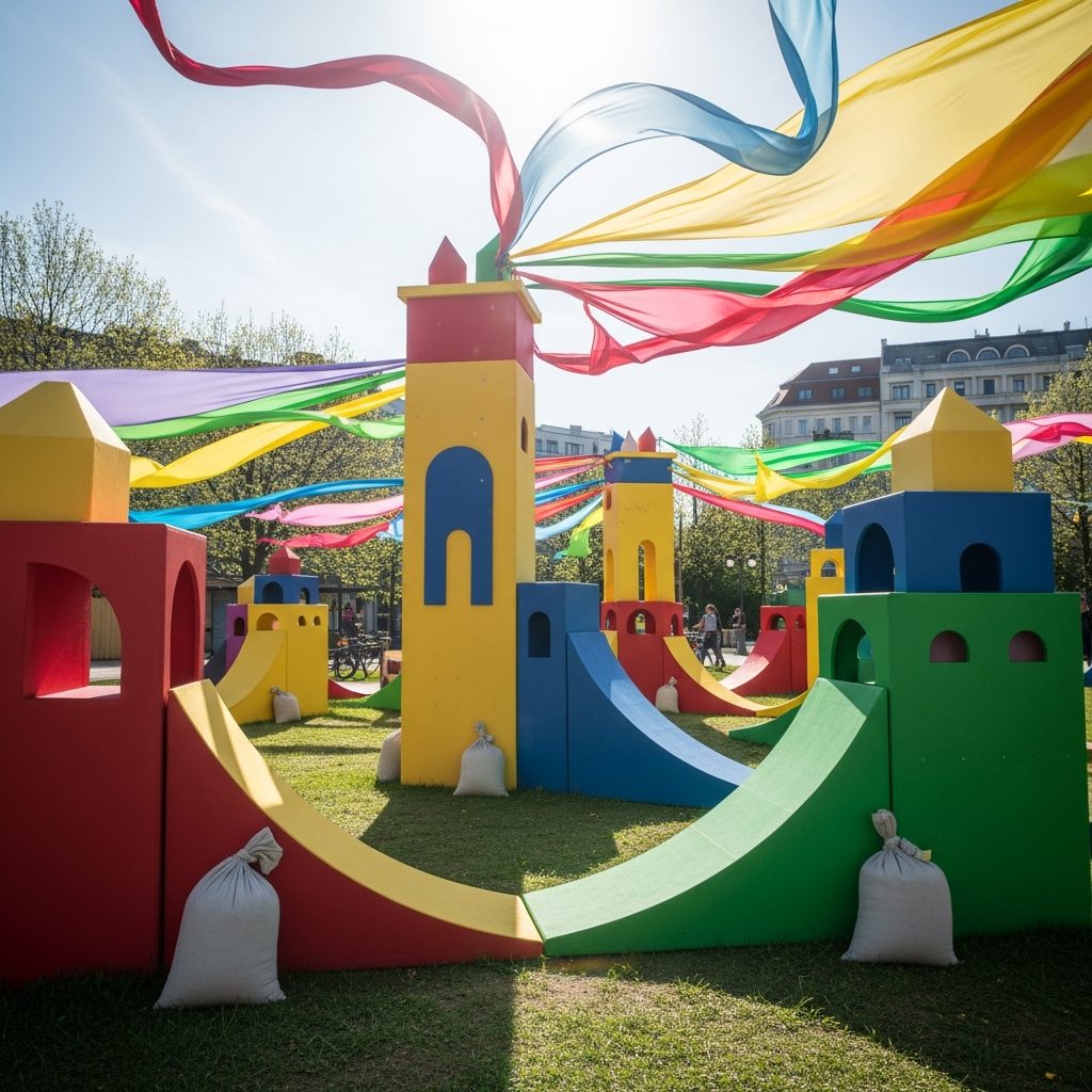 Hüpfburg mieten Wien bei Wind – Sicherheitsleitfaden für stürmische Tage – symbolische Party-Szene in Wien ohne konkrete Hüpfburg