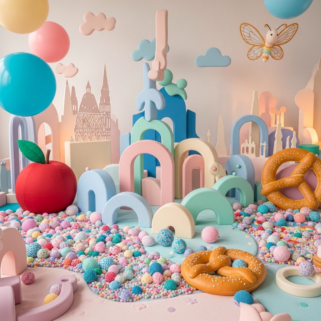 Hüpfburg mieten Wien – Kostenvergleich & Budgetplanung – Detailaufnahme von Dekoration und Softplay-Elementen in Wien