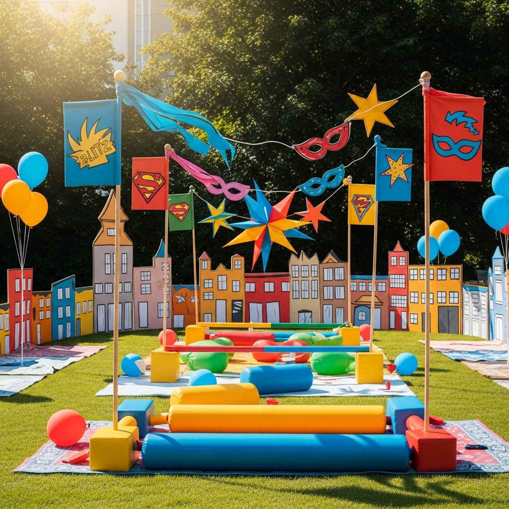 Hüpfburg mieten Wien – Superheld:innen-Training für junge Teams – symbolische Party-Szene in Wien ohne konkrete Hüpfburg