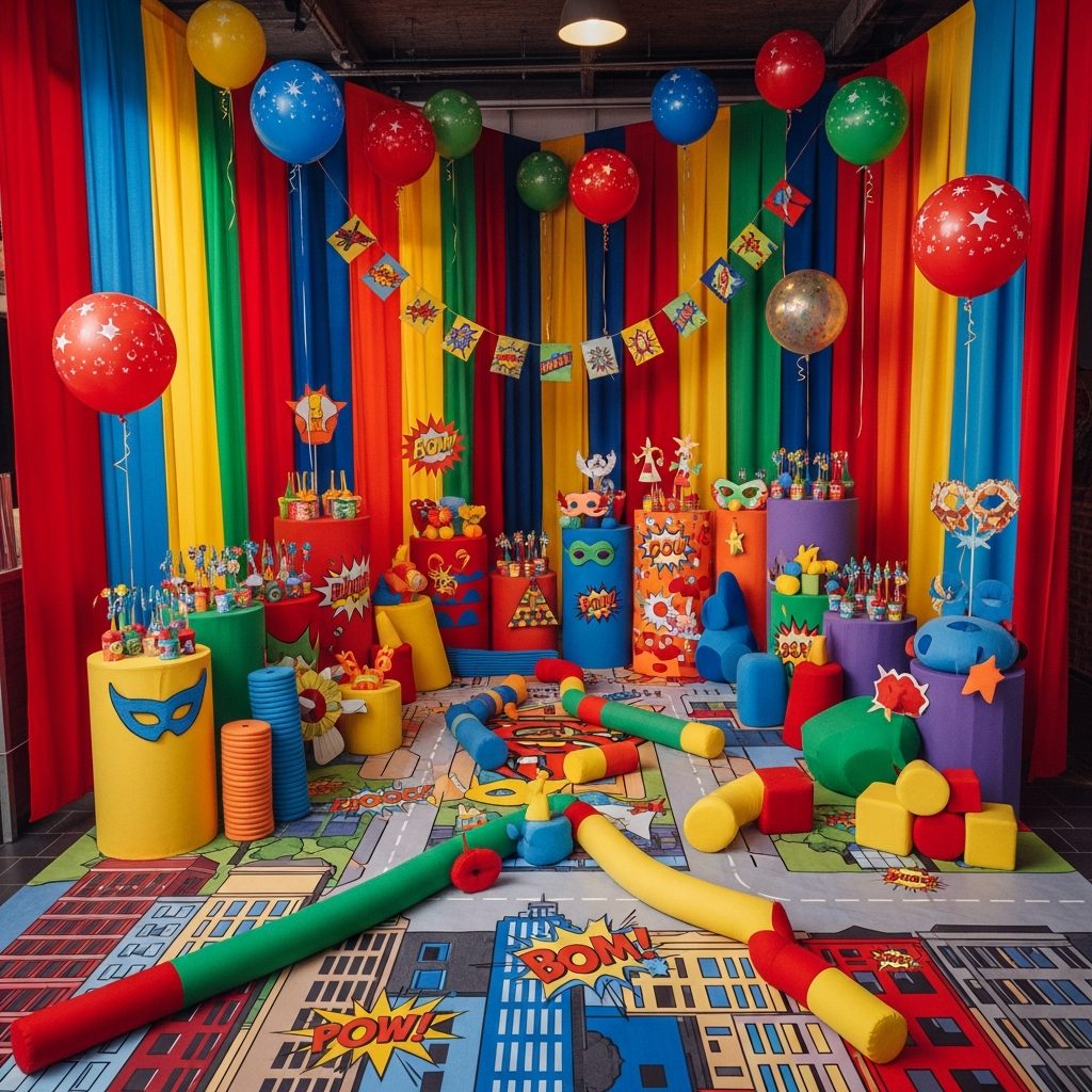 Hüpfburg mieten Wien – Superheld:innen-Training für junge Teams – Detailaufnahme von Dekoration und Softplay-Elementen in Wien