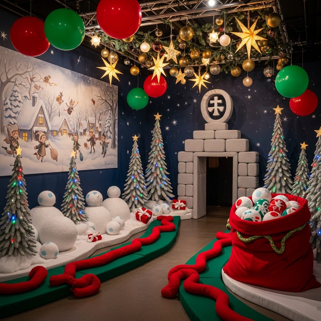 Hüpfburg mieten Wien – Winter- und Weihnachtszauber für Kinderfeste – Detailaufnahme von Dekoration und Softplay-Elementen in Wien